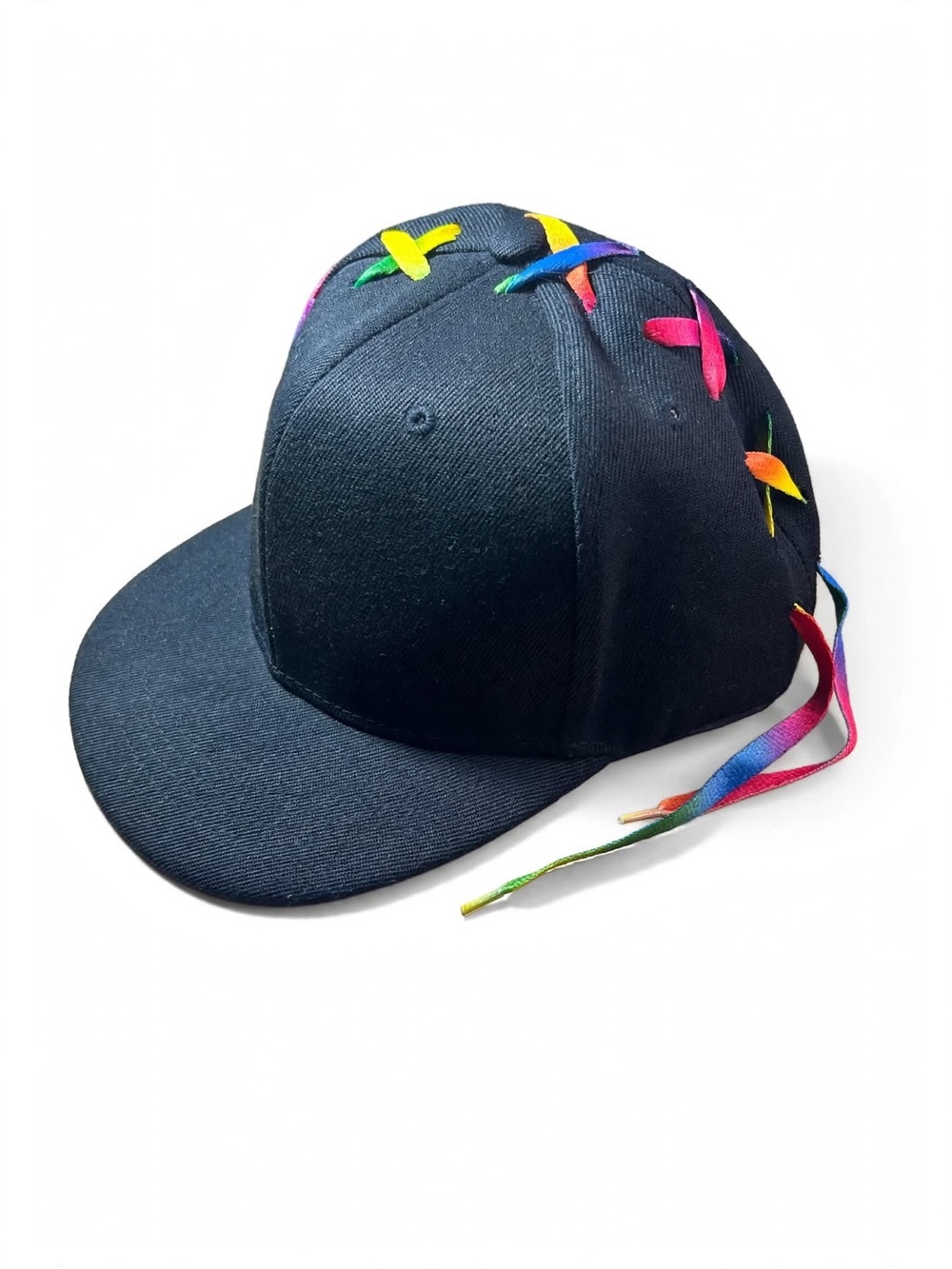 Kids Black Baseball Cap with Rainbow Lacing
